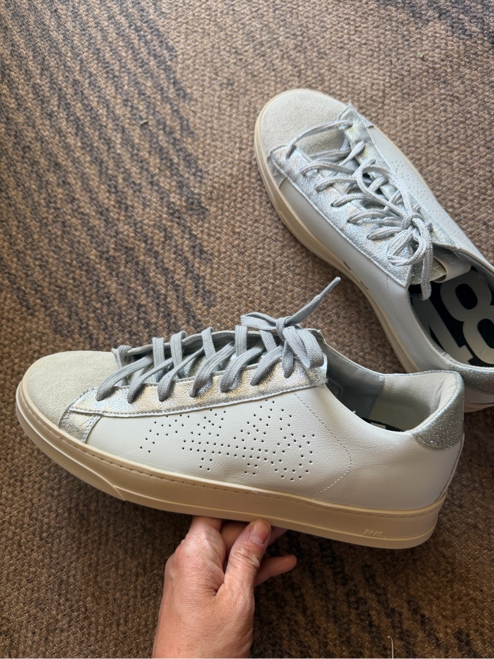 P448 White Leather Sneakers Silver Glitter Size 43 Designer Low Top